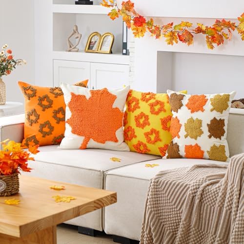 HunnmingRe 4 Pcs Thanksgiving Pillow Covers 18 x 18 Inch Maple Leaf Throw Pillow Covers Square Linen Pillowcase Fall Decor Seasonal Autumn Thanksgiving Harvest Decoration for Home Sofa Couch - Image 6