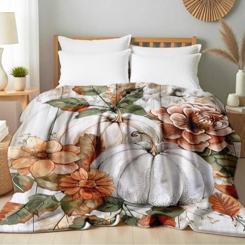 Fall Blankets and Throws White Pumpkin Print Blanket for Couch Bed Room Home Autumn Harvest Flannel Throw Thanksgiving Decor Gifts (59"x78") - Image 2