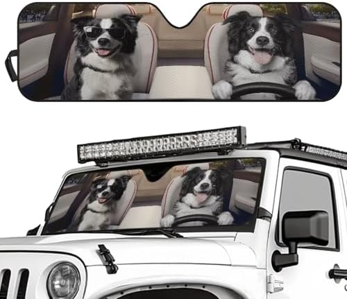 Renewold Automotive Windshield Sunshade for Jeep Wrangler JK JKU JL JLU 1997-2023 2/4 Door Gladiator JT Car Front Window Sun Visor Funny Border Collie Driving Blocks Sun UV Rays Sun Shade Cover Shield