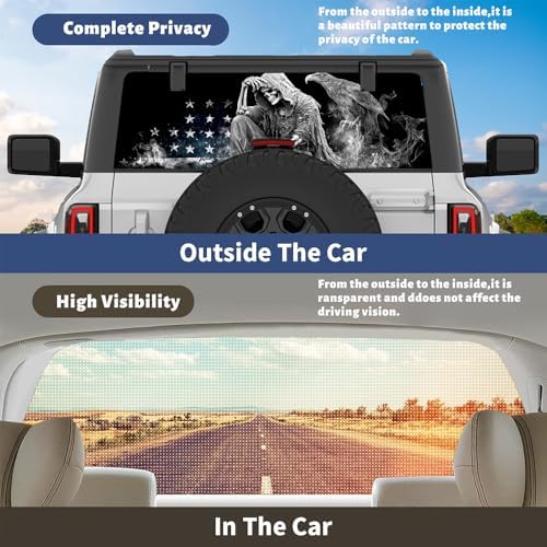 Vintage Grim Reaper Rear Window Decals for Trucks, Abstract American Flag Eagle Window Decal Back Window Tint Graphic Perforated Vinyl Pickup Truck Stickers 66 x 22 inch