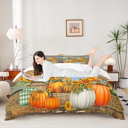 Happy Thanksgiving Kids Duvet Cover Set King Size,Fall Sunflowers Pumpkin Bedding Set,Girls Boys Adults Room/Cabin Decor,Vintage Wooden Plank Autumn Comforter Cover,Rustic Quilt Cover,2 Pillowcases - Image 2
