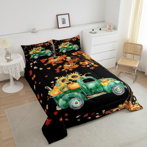 Homewish Fall Pumpkin Truck Car Comforter Set King Size Maple Leaves Tree Bedding Autumn Harvest Rustic Farm Quilt for Kids Girls Boys Room Decor Boho Botanical Duvet,Black 3Pcs,CYJS11386ZMD-BZ_USk - Image 4
