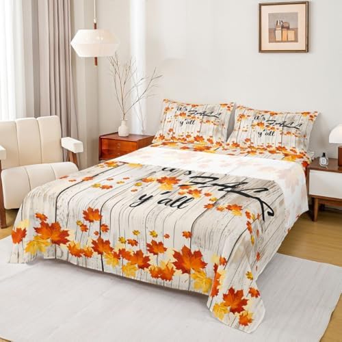 Fall Maple Leaves Sheet Set Full Autumn Nature Botanical Bed Sheets Rustic Farmhouse Fall Bedding Set For Kids Adults Soft Breathable Fitted Sheet Orange Gold Beige Flat Sheet 2 Pillow Cases by Erosebridal
