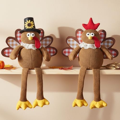Thanksgiving Decorations Set of 2 Turkeys with Dangling Legs, Turkey Couple Doll Plush Kit Tabletop Centerpieces for Fall Harvest Home Decor Kitchen Shelf - Image 4