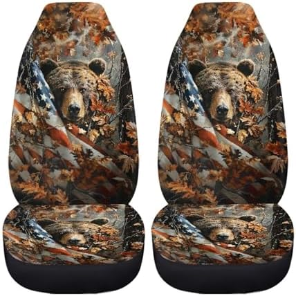 Camouflage Hunting Bear Car Seat Covers Breathable Front Seat Covers Easy Installation Stretch Polyester Fabric Cover Protection Interior Accessories Universal Fit Most Cars SUV
