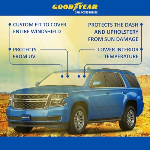 Goodyear Foldable Windshield Sunshade for Chevrolet (Chevy) Tahoe 2015-2020, SUV car Accessories, Sunshade Cover, Sun Shade Car Windshield, Window Sun Blocker - GY008334