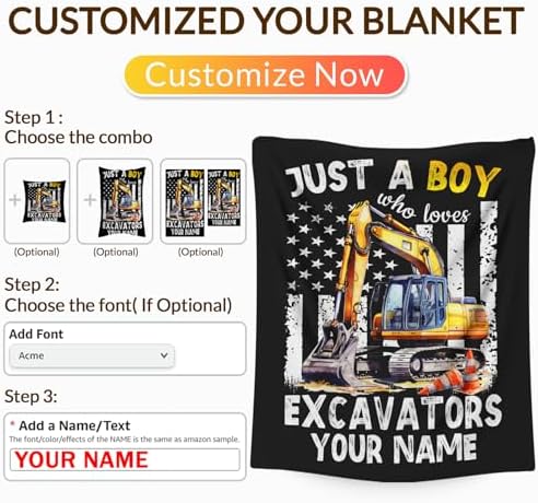 Personalized Excavator Blanket Gifts for Boys Men, Cute Car Throw Blanket for Kids Adults Construction Truck Lovers, Custom 60x80 Inches Black Soft Blankets for Sofa Couch Bed - Image 3