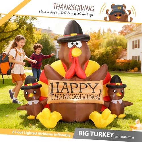 VIVOHOME 6ft Height Happy Thanksgiving Inflatable LED Lighted Turkey Family - Image 2