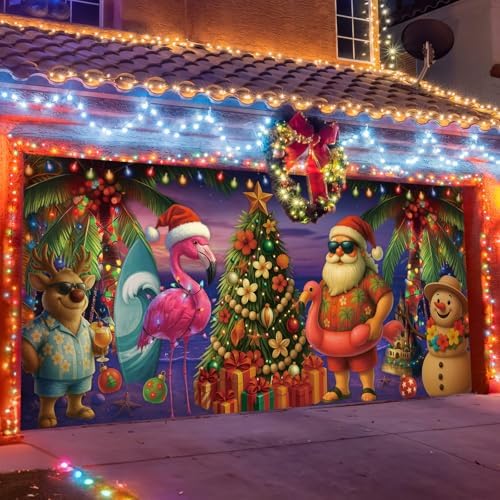 Preboun Summer Christmas Beach Garage Door Banner Cover Santa Flamingo by Preboun