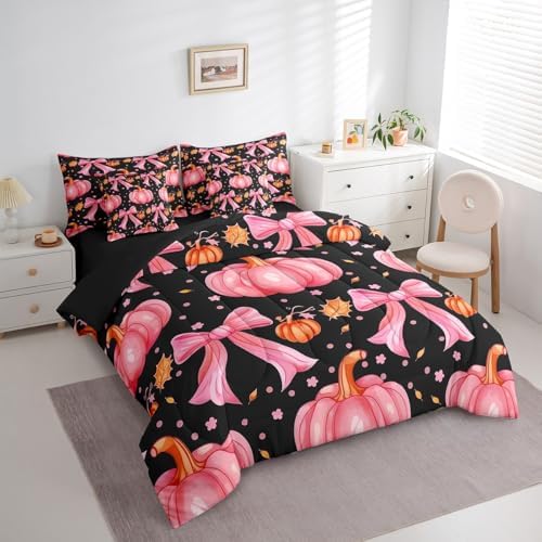 Erosebridal Cute Pumpkin Twin Bedding Set 7 Piece Kawaii Pink Bowknot Comforter Set for Kids Girls Teen Fall Thanksgiving Day Bed in A Bag Cute Autumn Floral Maple Leaf Sheet Set with Comforter - Image 3