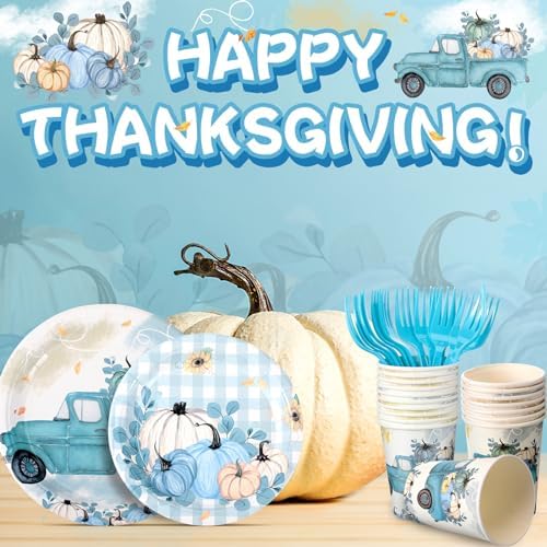 Sliner 180 Pcs Thanksgiving Disposable Dinnerware Set, Blue Car Pumpkin - Image 4