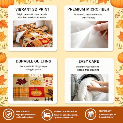 Homewish Fall Pumpkin Grid Comforter Set Rustic Farmhouse Maple Leaf Sunflower Bedding Set Thanksgiving Turkey Quilt Set Kids Boys Girls Adult Room Decor Vintage Brown Yellow Duvet Insert Twin Size - Image 3