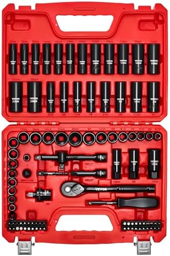 VEVOR 96 Piece 3/8" Drive Impact Socket Wrench and Bit Set, SAE (5/16" to 3/4") & Metric (8 to 22 mm), CR-V, Deep & Shallow, 6 Point, Ratchet, Universal Joint, Bit Holder, Adapters, Spark Plug Socket by VEVOR