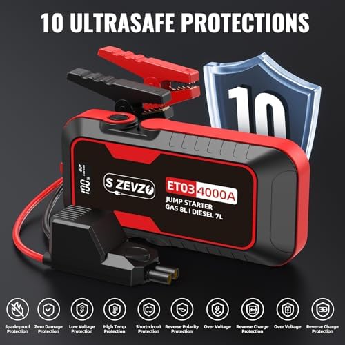 S ZEVZO ET03 Car Jump Starter 4000A Jump Starter Battery Pack for Up to 8.0L Gas and 7.0L Diesel Engines, 74Wh Portable 12V Jump Box with USB Ports, LCD Display, Storage Case, and LED Light - Image 5