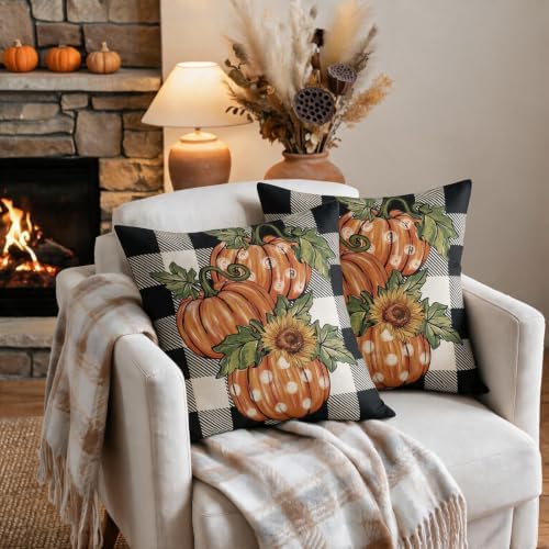 Fall Thanksgiving Pillow Covers 24x24 Set of 2, Autumn Polka Dot Pumpkin Sunflower Print Buffalo Plaid Decorative Throw Pillow Cases Holiday Outdoor Seasonal Farmhouse Decor for Sofa Couch Bed - Image 3