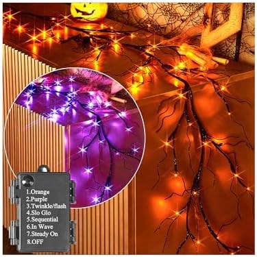 Hairui Lighted Halloween Garland with 48L Orange and Purple Bi-Color LED Lights 8 Functions, Black Glittered Garland Lights Battery Operated 6FT for Indoor Outdoor Halloween Party Decoration by Hairui