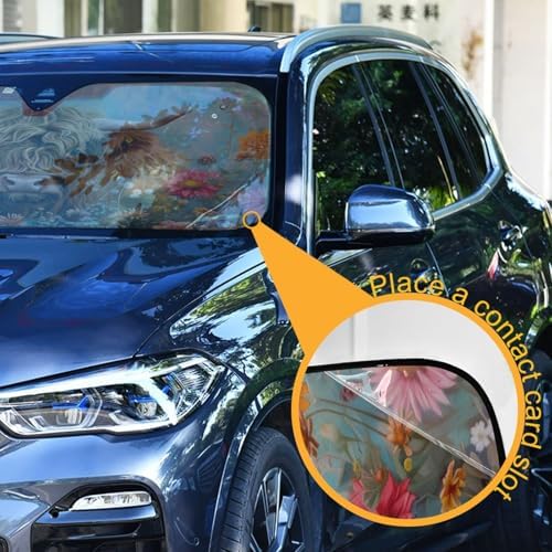 Highland Cows Florals Car Windshield Sun Shade Foldable UV Ray Sun Visor Protector Sunshade to Keep Your Vehicle Cool (57" x 31.5")
