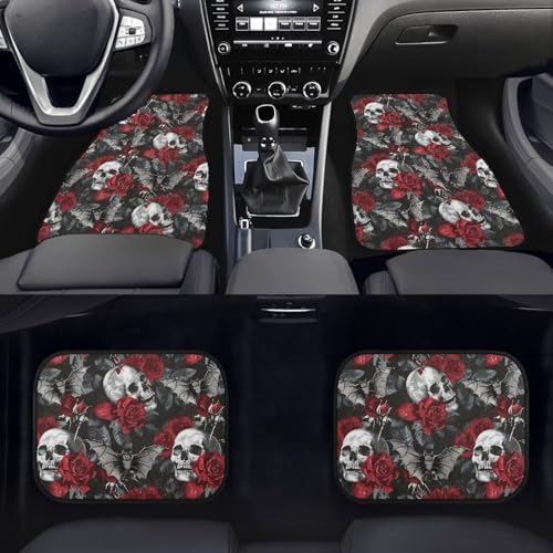 Skull Car Rubber Floor Mat Retro Gothic Rose Bat 4PCS Geometric Fragments Front and Rear Mats Non-Slip Floor Mats Heel Pad Halloween Black Skull Fit for SUV Van Truck Car