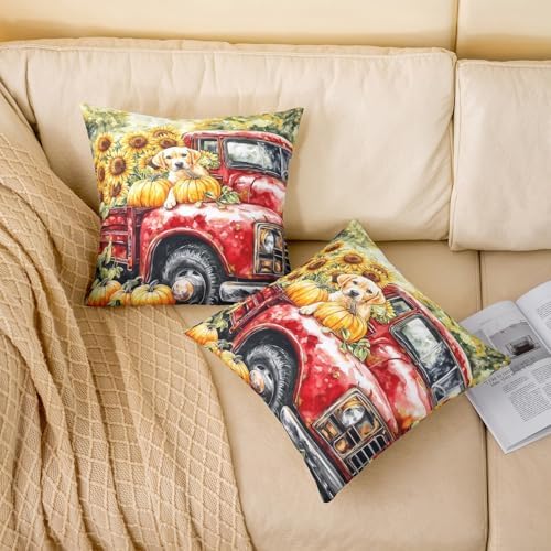 Manfei Pumpkin Red Truck Pack of 2 Pillow Covers,Cute Puppy Dog Sunflower Rustic Farmhouse Soft Square 18"x18" Cushion Case,Fall Harvest Thanksgiving Day Throw Pillow Covers,Double Sides - Image 2