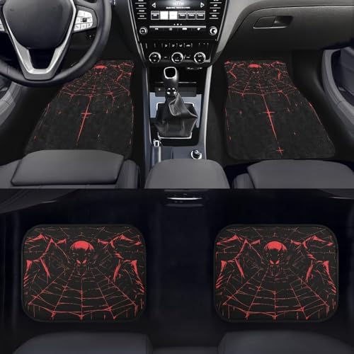 Gothic Skull Spider Print 4 Pcs All Weather Floor Mats Abstract Art Drawing Lines Spider Web Front & Rear Row Foot Mat Interior Accessories Universal Fit for SUV Sedan Van