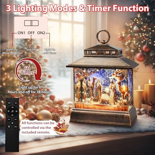 Christmas Snow Globe Lantern Water Glittering Lantern with 8 Songs & 6H Timer Romote Control Christmas Snow Globes USB & Battery Operated for Christmas Festival Decorations Gifts (Nativity) - Image 3
