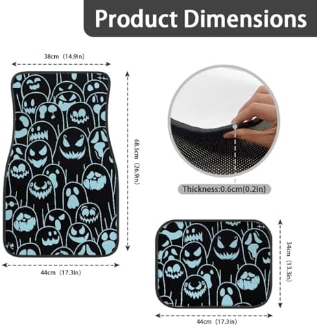 Aqua Black Ghost Print Funny Halloween Car Floor Mats 4 PCS, Cute Durable Interior Accessories for Car SUV, All Weather Floor Mats with Front Rear Trunk Liners Set for Party