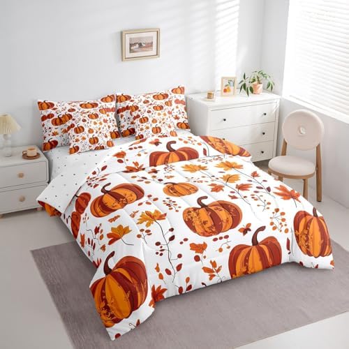 Erosebridal Autumn Pumpkins King Comforter Set with Sheets 7 Piece Fall Maple Leaf Bedding Set Thanksgiving Day Harvest Bed in A Bag for Kids Adults Rustic Farmhouse Bed Set with Comforter - Image 3