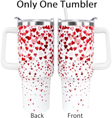 Valentines Tumbler 40oz Love Heart Tumbler Coffee Mugs Watercolor Heart Leak Proof Cups with Handle and Straw Stainless Steel Insulated Water Bottle for Valentine Decor Gifts for Women Her(1PCS) - Image 3