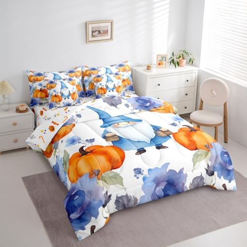 Scandinavian Gnome King Comforter Set 7 Pieces,Bed in a Bag King,Thanksgiving Pumpkin Blue Ink Flowers Bedding Set with Christmas Santa Dwarf Fall Comforter,Flat Sheet,Fitted Sheet,Pillowcasess - Image 2