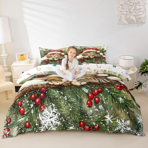 Manfei Xmas Cat Kids Duvet Cover Set Queen Size,Snowflake Holly Berries Winter Girls Boys Bedding Set,Merry Christmas Poinsettia Animal Room Decor,Green Yellow Quilt Cover,2 Pillowcases(No Comforter) - Image 3