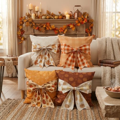 GAGEC 3D Fall Bow Pillow Covers 20x20 Inch Set of 4 Plaid Bow Pillowcases Marple Leaves Pumpkins Autumn Decor Fall Decorations for Home Farmhouse Sofa Cushion Case Holiday Thanksgiving Indoor Decor - Image 4