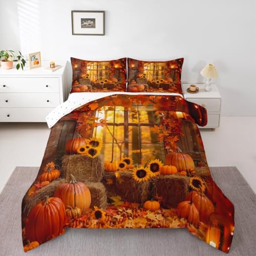 Feelyou Fall Bedding Set for Girls Boys Kids Queen Size Maple Leaves Comforter Cover Room Decor Pumpkin Daisy Duvet Cover Dark Orange Quilt Set - Image 4