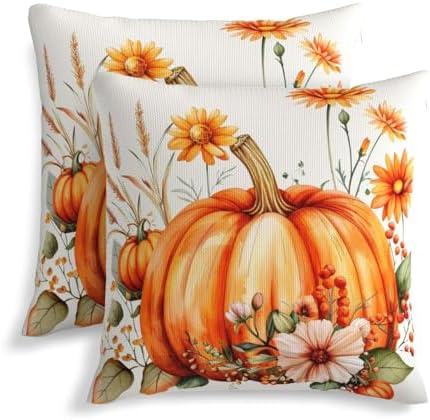 KiuLoam Fall Orange Pumpkin Pillow Covers 18x18 Inch Set of 2, Floral Autumn Thanksgiving Print Decorative Throw Pillows, Rustic Farmhouse Outdoor Cushion Covers for Living Room Sofa Couch Bedroom by KiuLoam