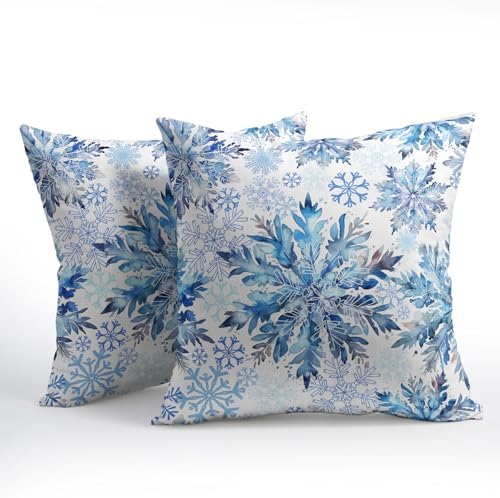 Christmas Pillow Covers 16x16 Set of 2 Decorations Blue White Snowflakes Throw Pillow Covers Decorative Vintage Winter Pillow Case Farmhouse Rustic Pillowcases Cozy Soft for Sofa Bed Chair Home Decor - Image 2