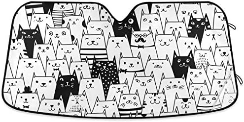 Funny Cat Car Windshield Sun Shade Cute Black White Kitty Animal Foldable UV Ray Sun Visor Protector Sunshade to Keep Your Vehicle Cool (55" x 27.6")