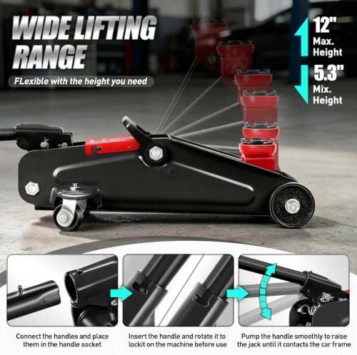 DNA Motoring 1.5 Ton Car Floor Jack Low Profile Hydraulic Trolley Service/Floor Jack, 1.5T / 3000 lbs Capacity, Lifting Range 5.3 Inch -12 Inch, with Storage Case, Black, TOOLS-00327-BK - Image 3