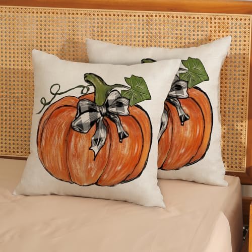 Fall Pillow Covers 16x16 Set of 2 Orange Pumpkin Leaves Fall Decor Pillowcase Autumn Harvest Thanksgiving Decorative Outdoor Throw Pillow Covers Linen Farmhouse Cushion Case for Couch Home - Image 2