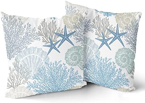Nautical Coastal Throw Pillow Covers 22x22 Inch Summer Ocean Themed Seashell Coral Starfish Pillow Cases Set of 2 Soft Cotton Square Cushion Covers for Home Couch Sofa Patio Bedroom - Image 2
