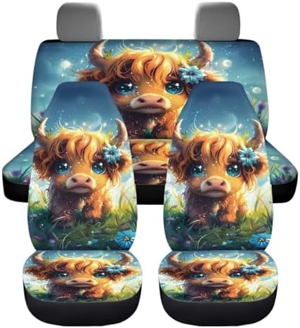 Cute Cattle Floral Print Car Seat Covers Full Set Front Rear Seat Covers for Truck Sedan 4 Piece Aesthetic Auto Accessories Vehicle Split Bench Covers