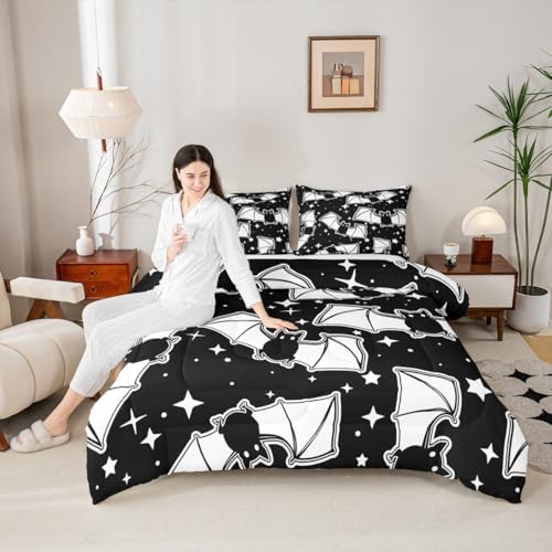 Feelyou Halloween Bedding Set for Girls Boys Kids Toddler Size Black Bats Animal Print Silhouette Comforter Cover Room Decor Happy Holiday Cute Star Print Luxury Duvet Cover Black Quilt Set - Image 5