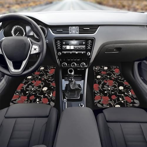 Rose Floor Mats for Cars All Weather, Vintage Red White Rose 4-Piece Carpet Vehicle Floor Mats Universal Fit, Baroque Garden Anti-Slip1st & 2nd Row Auto Interior Mat