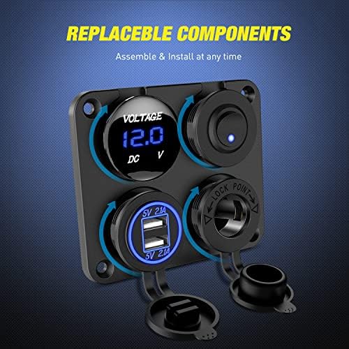 Nilight 4 in 1 ON OFF Charger Socket Panel Dual USB Charger Power Outlet LED Voltmeter Cigarette Lighter Socket LED On Off Rocker Toggle Switch for Truck Car Marine Boats RV, 2 Yeas Warranty