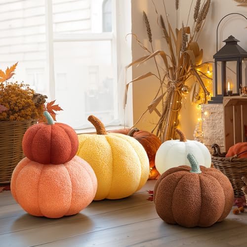 Pumpkin Shape Pillow for Autumn Couch Decorative 3D Sherpa Halloween Pumpkin Throw Pillows Brown Creative Throw for Home Party Decor,13.78" - Image 4