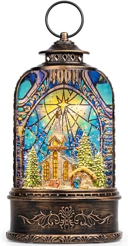 Christmas Snow Globe Lantern Water Glittering Churches & Holy Family with Music& Timer, USB Lined/Battery Operated Lighted Lantern for Christmas Festival Decoration Gifts by Qualdout