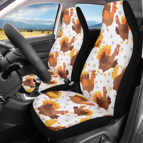 Car Seat Covers Full Set of 2, Thanksgiving Cartoon Turkey Fit SUV Truck Sedan Cute Turkey Chicken Rooster Automotive Vehicle Auto Interior Protector Set, Front Seat Cover