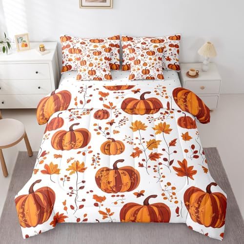 Erosebridal Autumn Pumpkins Queen Comforter Set with Sheets 7 Piece Fall Maple Leaf Bedding Set Thanksgiving Day Harvest Bed in A Bag for Kids Adults Rustic Farmhouse Bed Set with Comforter by Erosebridal