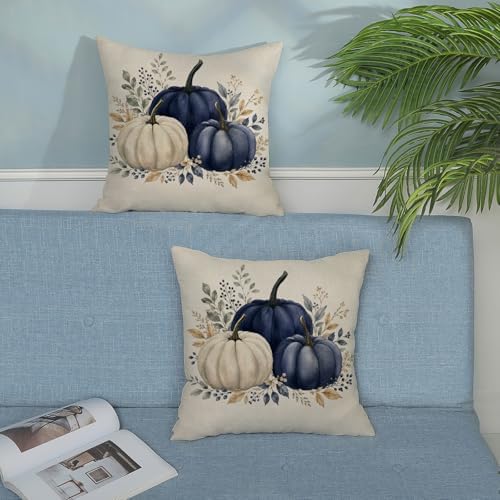 Fall Pillow Covers 18x18 Set of 2 Blue White Pumpkin Eucalyptus Leaves Pillow Covers Autumn Decorative Ourdoor Pillow Cases Thanksgiving Harvest Farmhouse Linen Cushion Cover for Couch Decor - Image 4