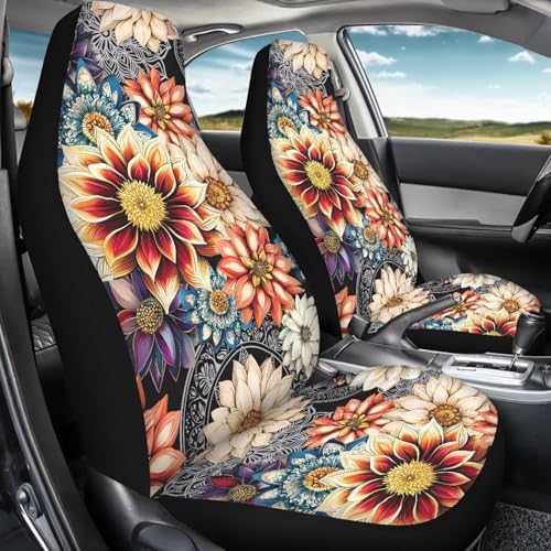 Dahlia Flowers Blossom Car Seat Covers for Front Seats Ethnic Style Bucket Seat Covers Universal Fit for SUV Truck Sedan Front Seat Protector,2 Piece Set
