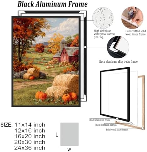 Autumn Farmhouse Wall Art – Rustic Red Barn Landscape with Pumpkins, Fall Harvest Canvas Print for Country Living Room or Seasonal Decor Display 16x20in Black aluminum frame - Image 2