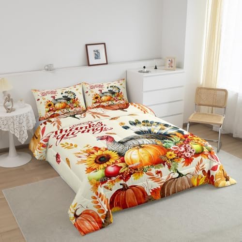 Homewish Thanksgiving Day Comforter Set Queen Size,Watercolor Turkey Pumpkin Bedding 3pcs Kids Girls Boys Teens Room Decor,Fall Maple Leaves Quilted Duvet Rustic Farmhouse Insert,Orange Yellow - Image 2